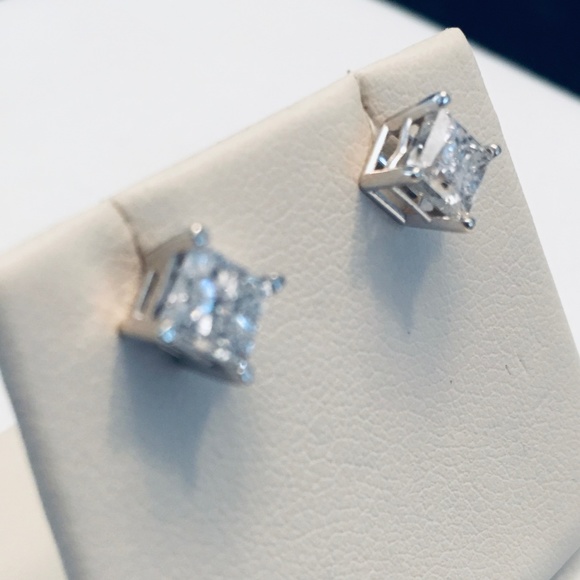 14K White Gold 2.0 CTW Princess Cut Diamond Stud Earrings - Picture 8 of 13